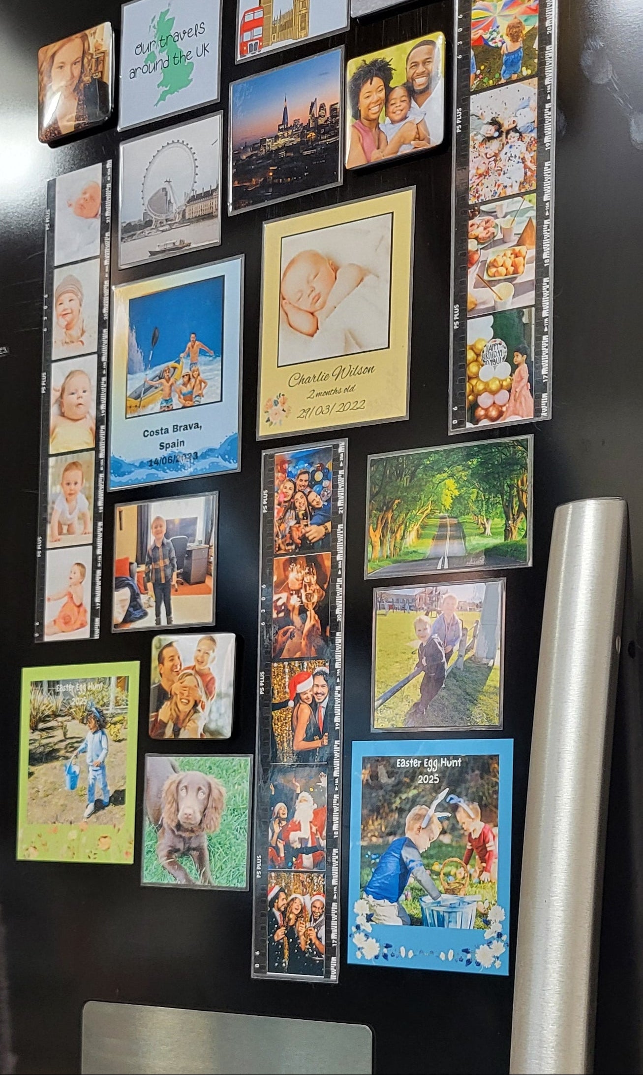 display of assortment of magnets on black fridge at an angle