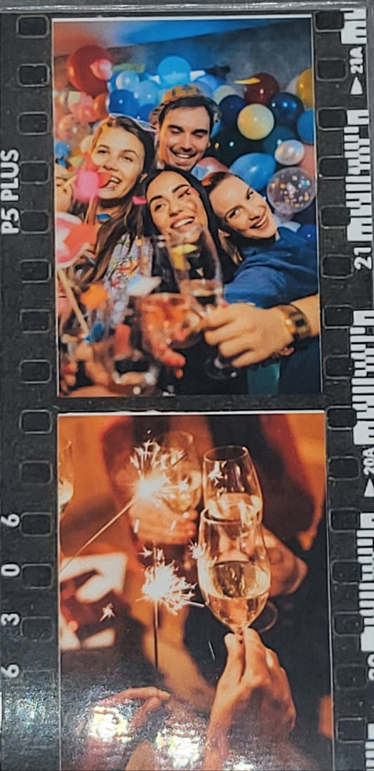 Film strip with two scenes: a group of people celebrating with drinks and another with a couple holding hands and sparklers.